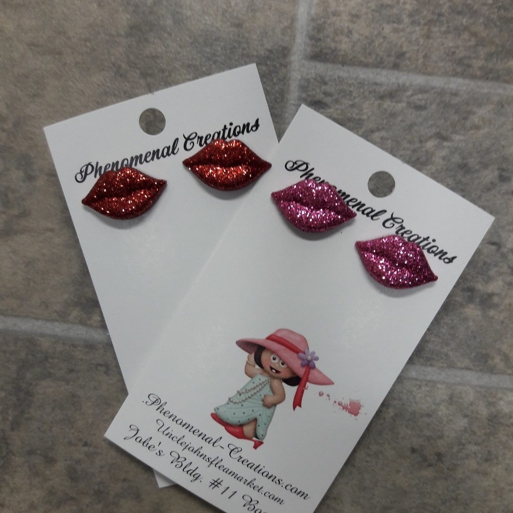 Girls Valentines Glitter Lips Red Pink Postback Handmade Hypoallergenic Earrings